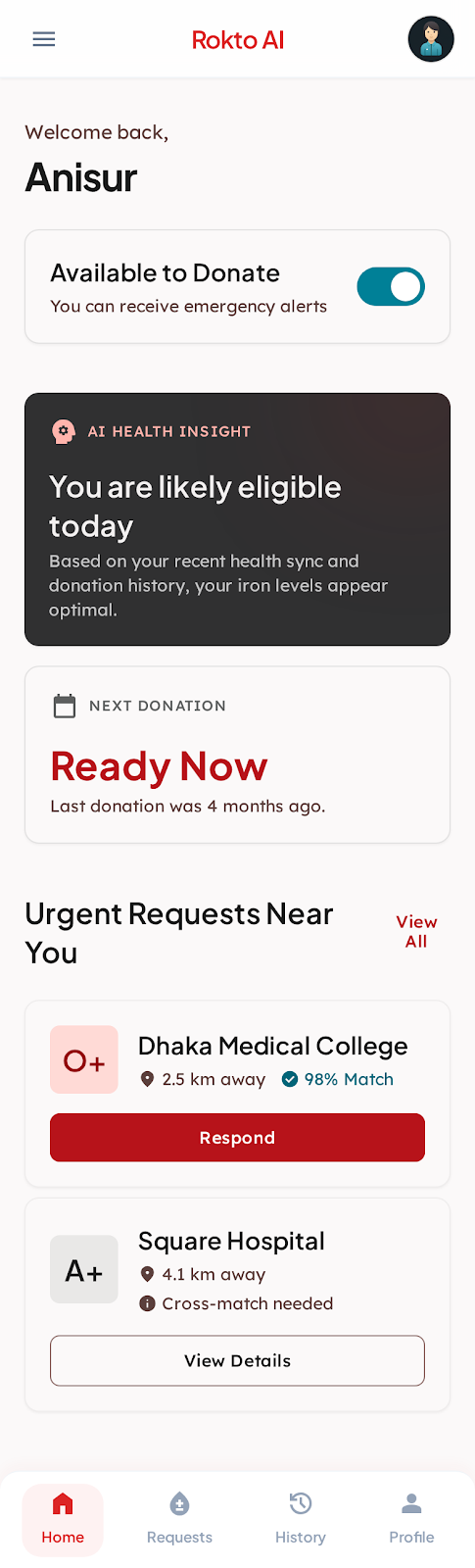 RoktoAI donor dashboard showing eligibility and nearby requests
