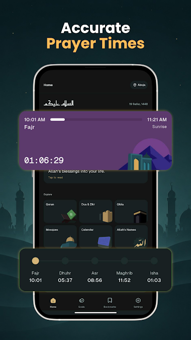 Official Sadiq Google Play image showing prayer times on the app